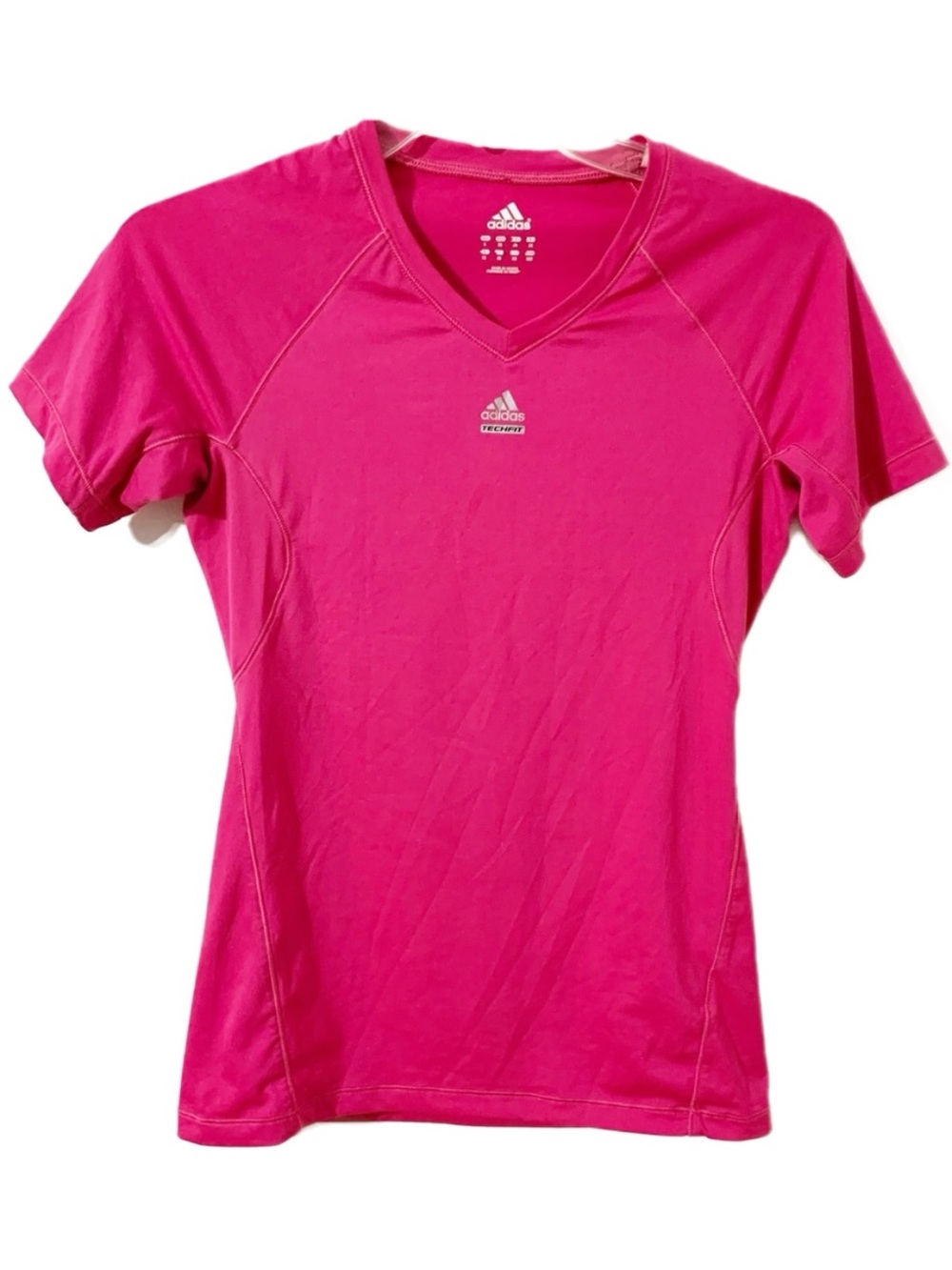 Adidas Short Sleeve Fitted V-neck Athletic Workout Top Tech Hot Pink Barbie Core